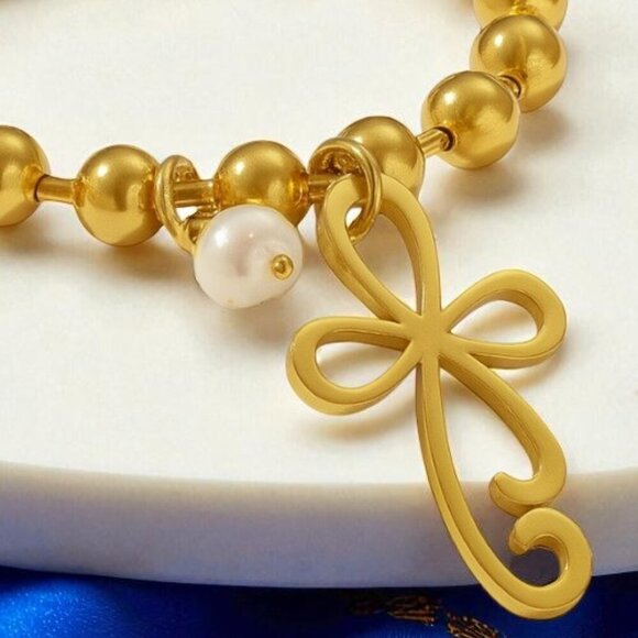 🆕️24K Gold Plated Stainless Steel Bracelet Unique Cross Charm Freshwater Pearl - Picture 12 of 14